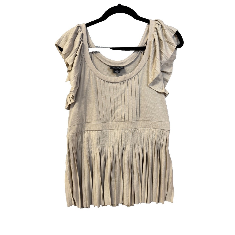 Apostrophe Stretch Beige Pleated Sleeveless Ruffled Shoulder Blouse Size L